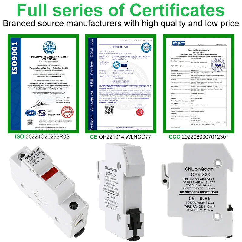 CNLonQcom DC Fuse Holder 10*38mm High Voltage Solar PV 1000V 6A-32A Base Photovoltaic System Protection Protector gpV