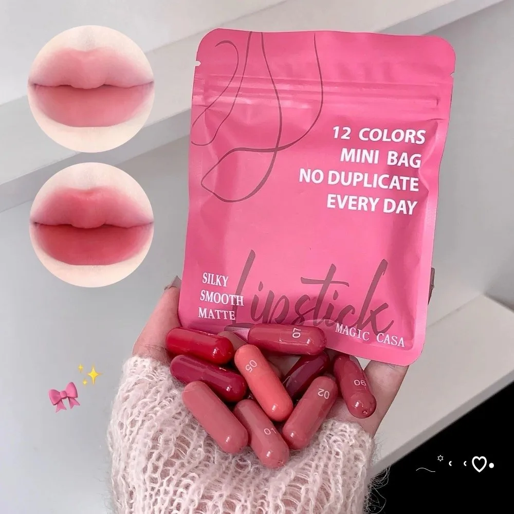 12 stücke Neue Matte Finish Kapsel Lippenstift Set Nicht-Klebrige Textur 12 Farben Lippenstift Langlebig Mini Lip Balm reise Größe