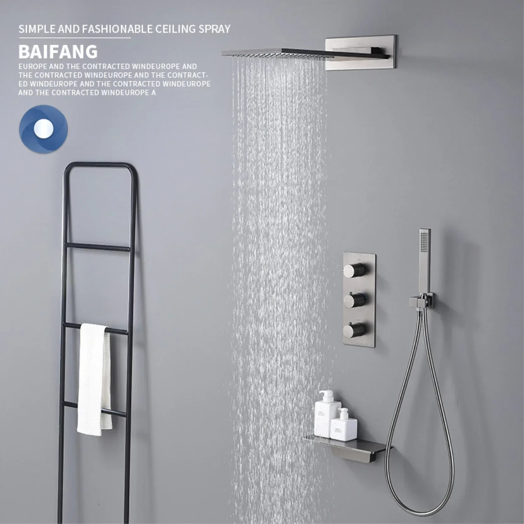 Deluxe gun gray thermostatic shower system wall-mounted design 4-function cold & hot dual-control waterfall brass bathroom Tap