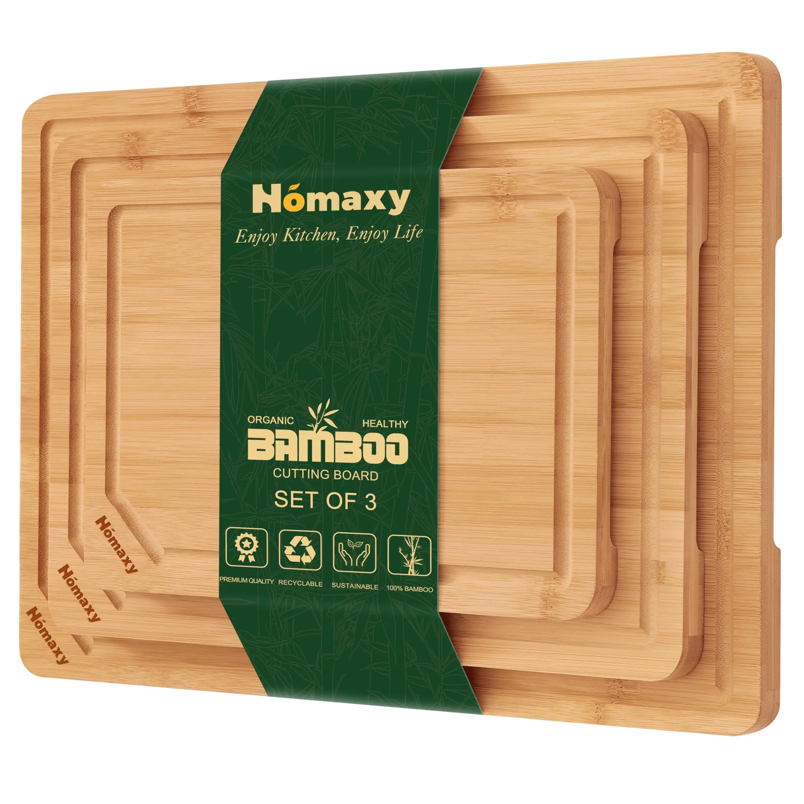 Homaxy Juego de tablas de cortar de bambú orgánico para cocina, juego de 3, nuevo juego de tablas de cortar cuadradas de madera con ranura y asas para jugo
