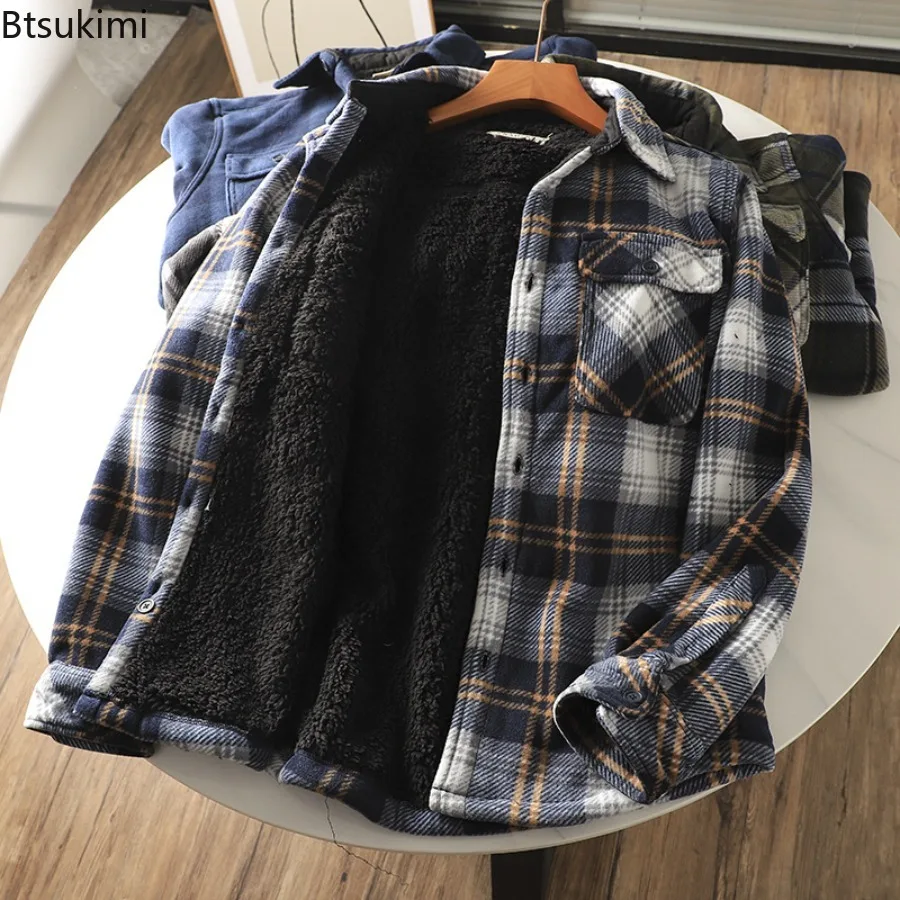 Autumn Winter Men's Fleece Linend Warm Shirt Jackets Thickened Long Sleeve Flannel Checked Shirts Vintage Casual Men Shirt Coats