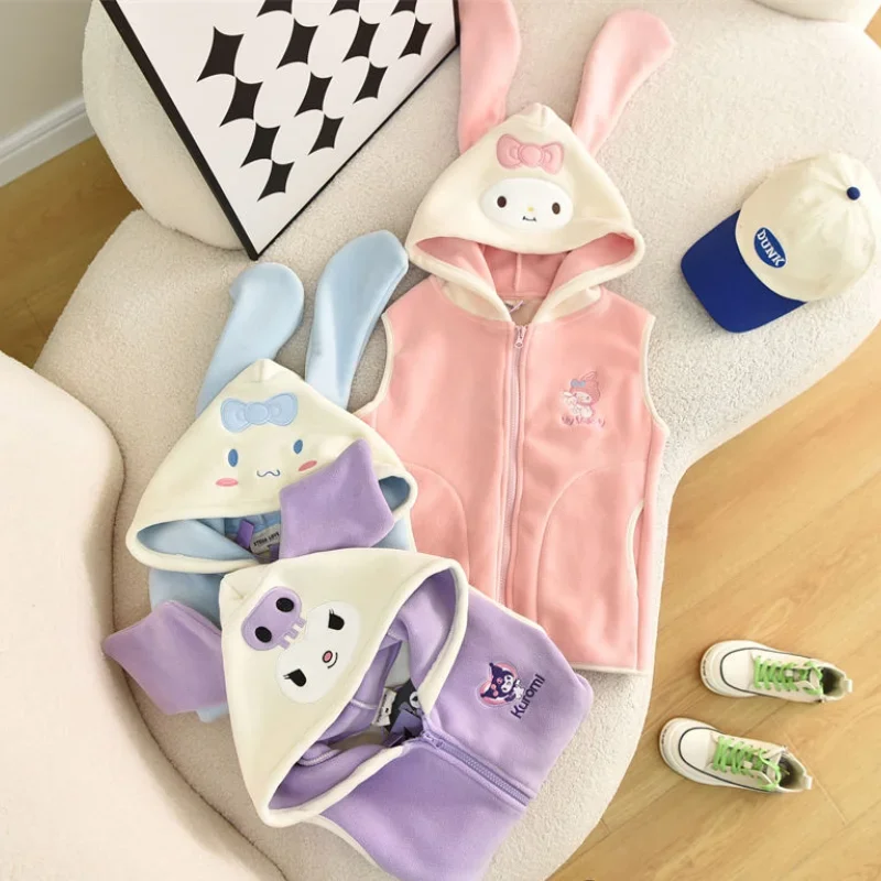 Kawaii Kuromi Sanrio Kids Fleece Vest Cinnamoroll Anime Hooded Long Ear Cardigan My Melody Warm Sleeveless Jacket Girl Gift