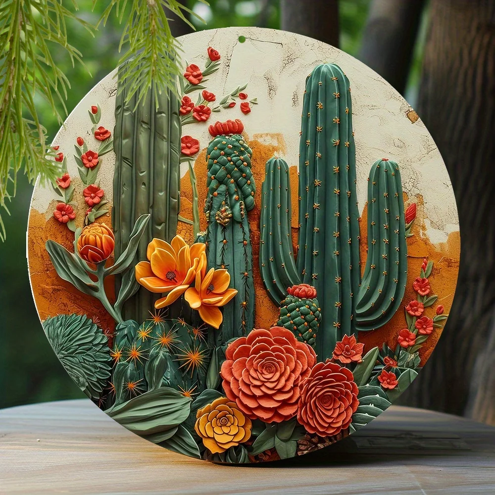 

Aluminum Sign Faux Embossing Painted Round Wreath Sign Entrance Decoration Thanksgiving Day Gifts Cacti Themed Decoration