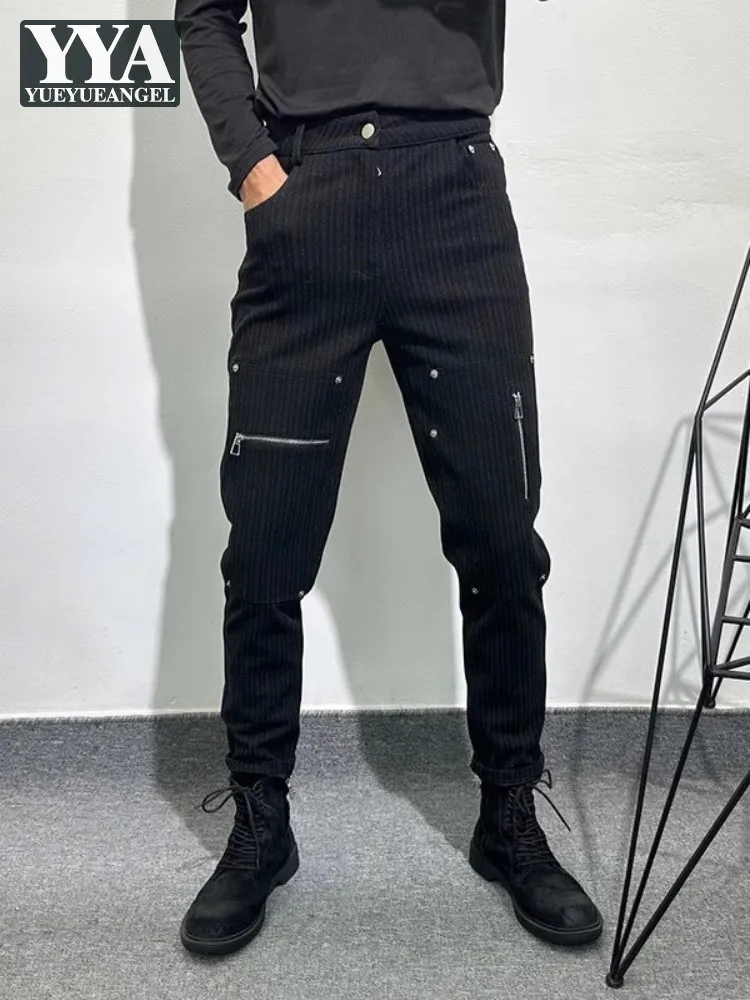 Design Zipper Splicing Slim Fit Pencil Pants Men Fashion Gothic Striped Pants Fashion Spring High Street Casual Trousers Male