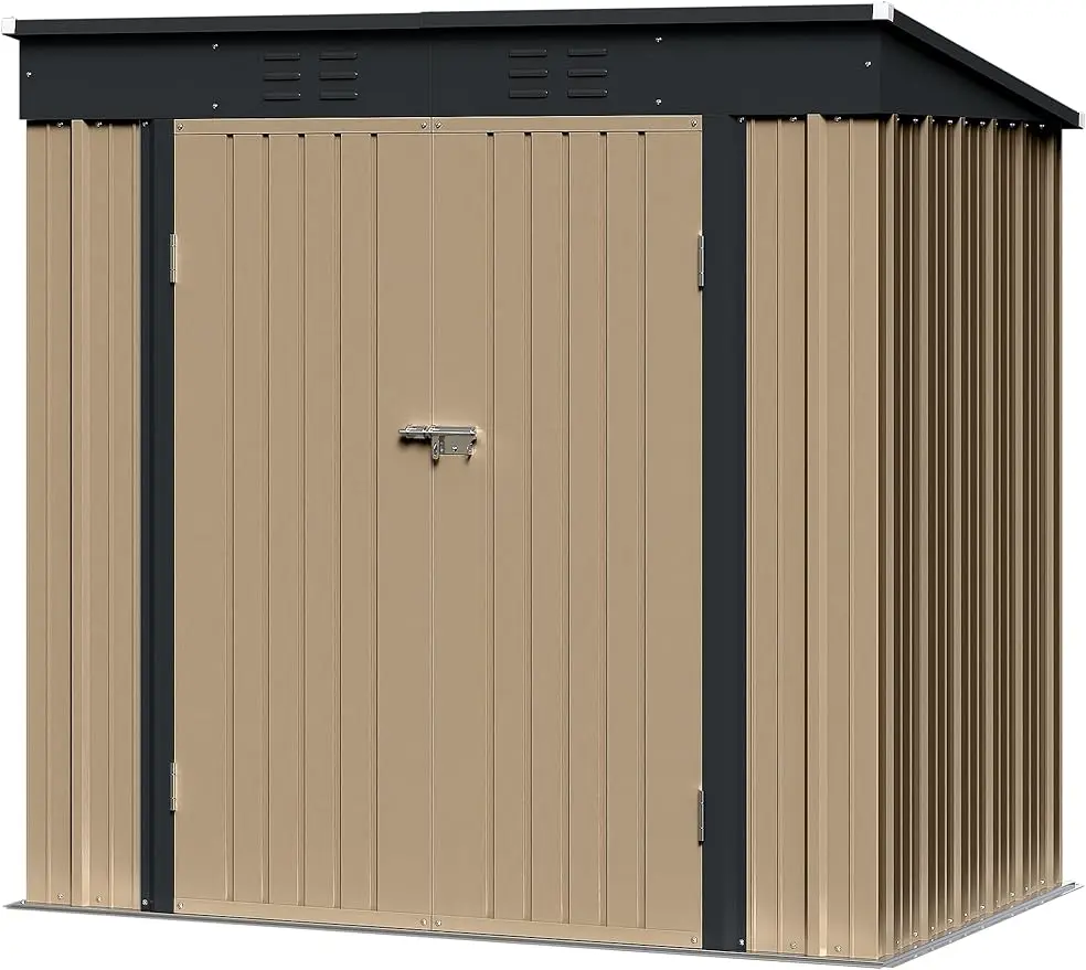 

6 x 4 FT Metal Outdoor Tool Shed with Lockable Door and Sloping Roof Outside Storage Shed for Garden Yard Lawn (Brown)