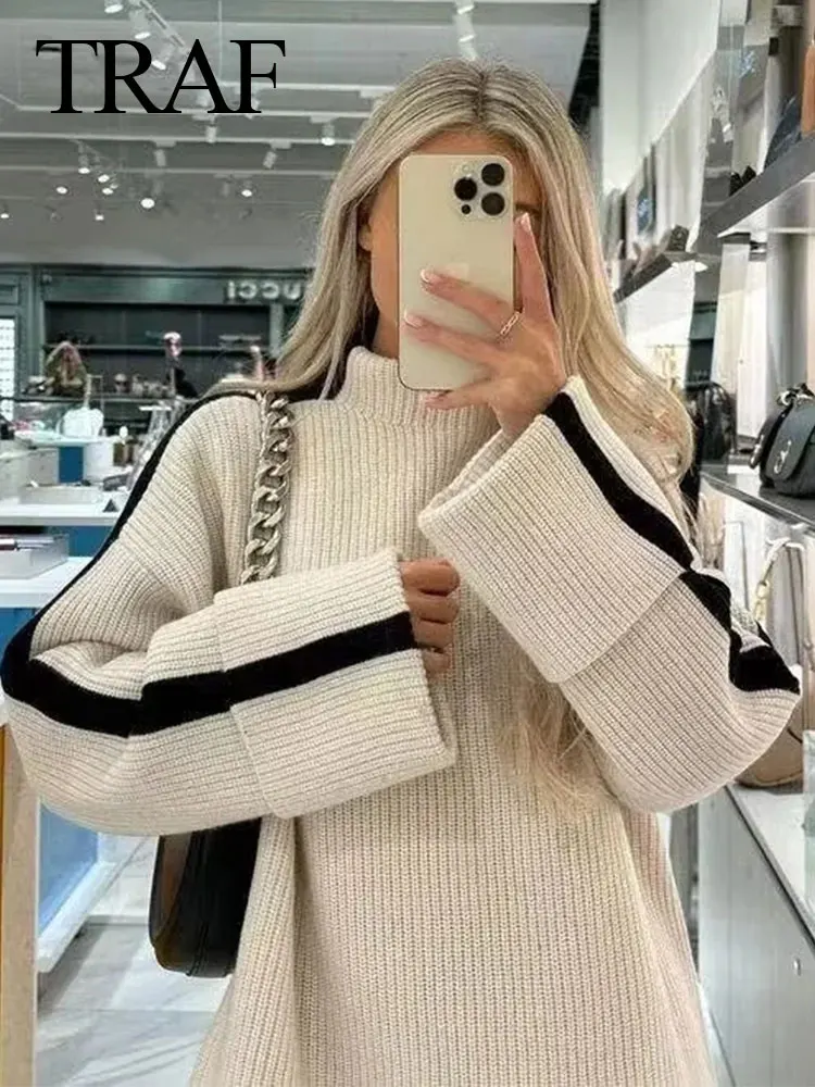 

TRAF 2023 Women Fashion Pullovers Knitting Solid Turtleneck Loose Sweater Woman Warm Vintage England Style Female Sweaters