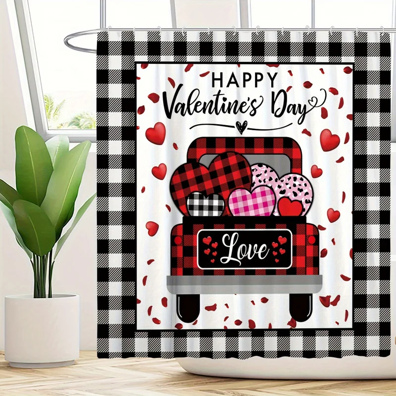 1/3/4pcs Plaid Heart Car Print Shower Set, Bathroom Back, U-Shape Mat, Toilet Lid Pad, Water-resistant Curtain Including