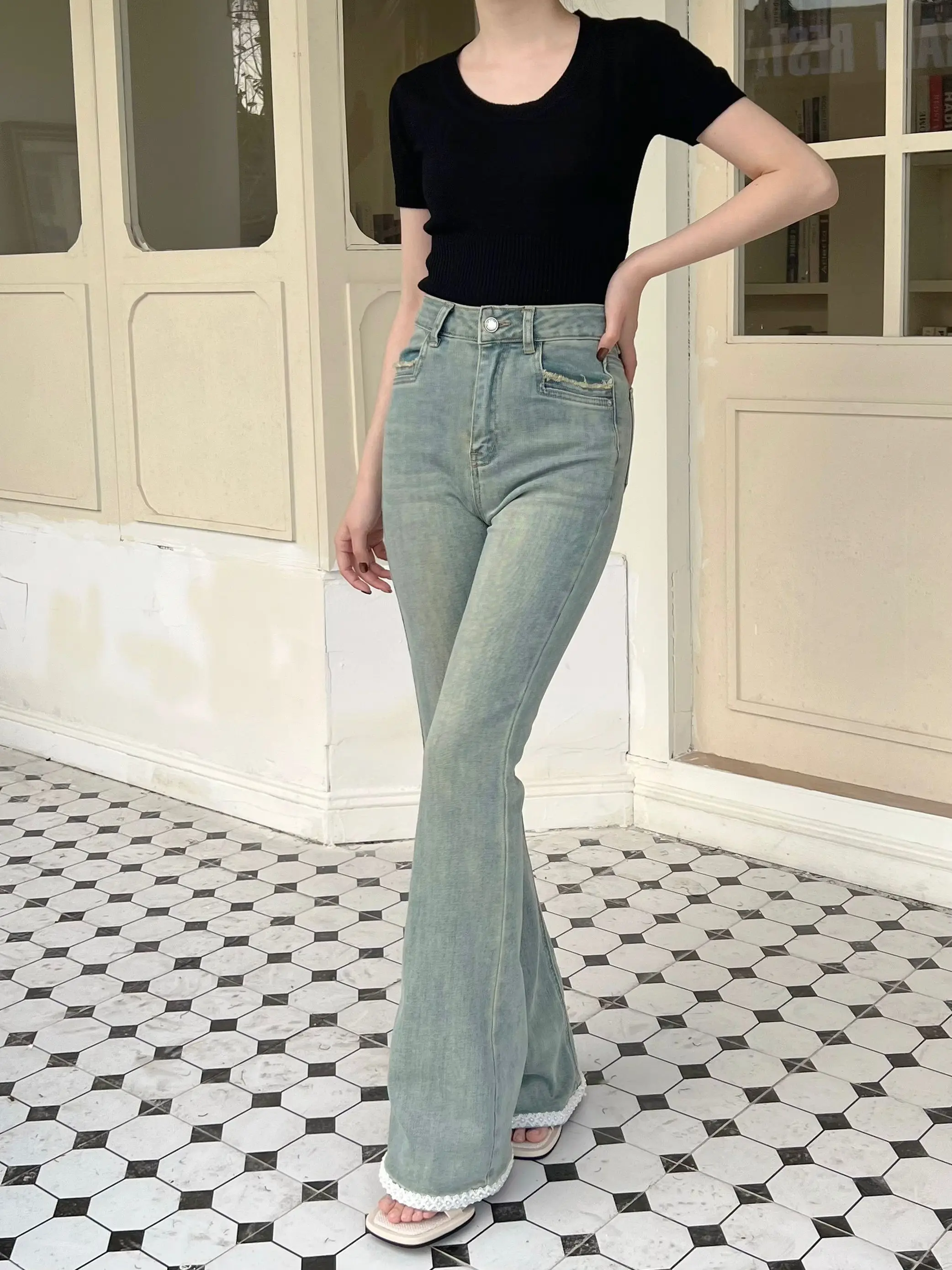 

High Waist Stretchy Lace Trim Micro Flare Jeans Women's 2025 Spring New Slim Fit Long Pants Casual Sle Light Wa Cotton