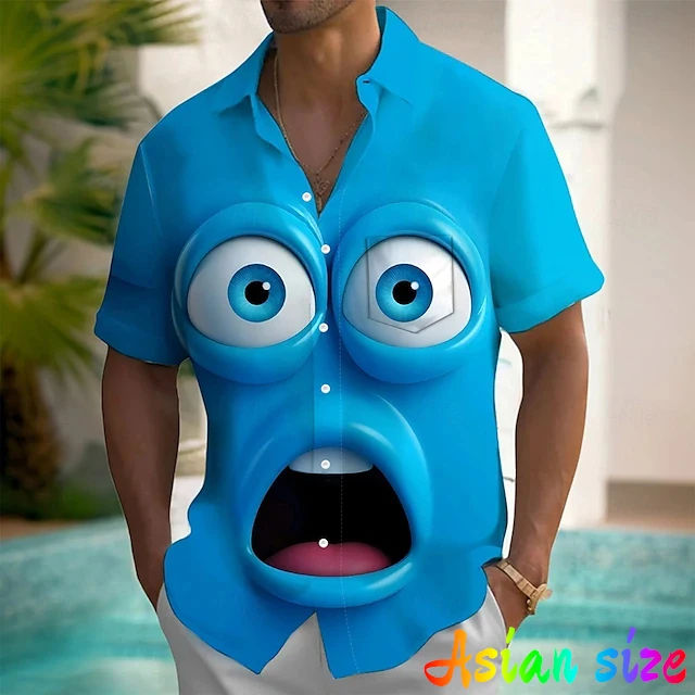 Funny Smiling Face Graphic Hawaiian Shirts Anime 3D Print Short Sleeve Blouses Vacation Party Lapel Blouse Summer Buttons Shirt