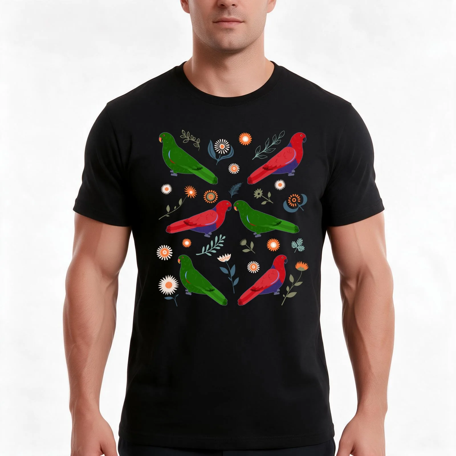 Eclectus Parrot Flowers T-Shirt, Summer Casual Cotton Tee, Oversized Streetwear Tops, Vintage Graphic Print, Unisex Men Women