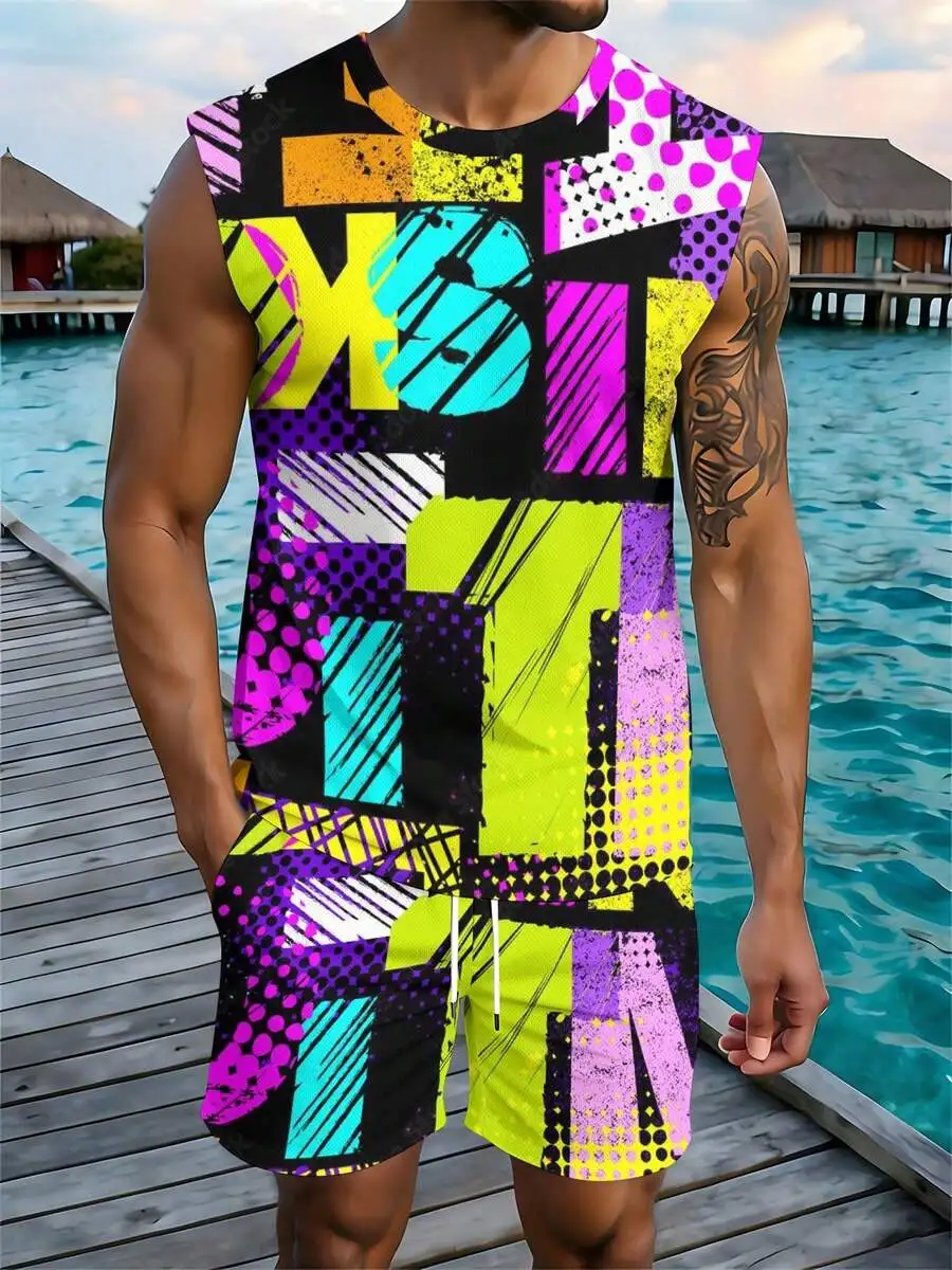 Colorful Abstract Pattern 2026 European & American Spring Summer Autumn New Style Wide Shoulder Tank Top & Beach Shorts Set Men view 3