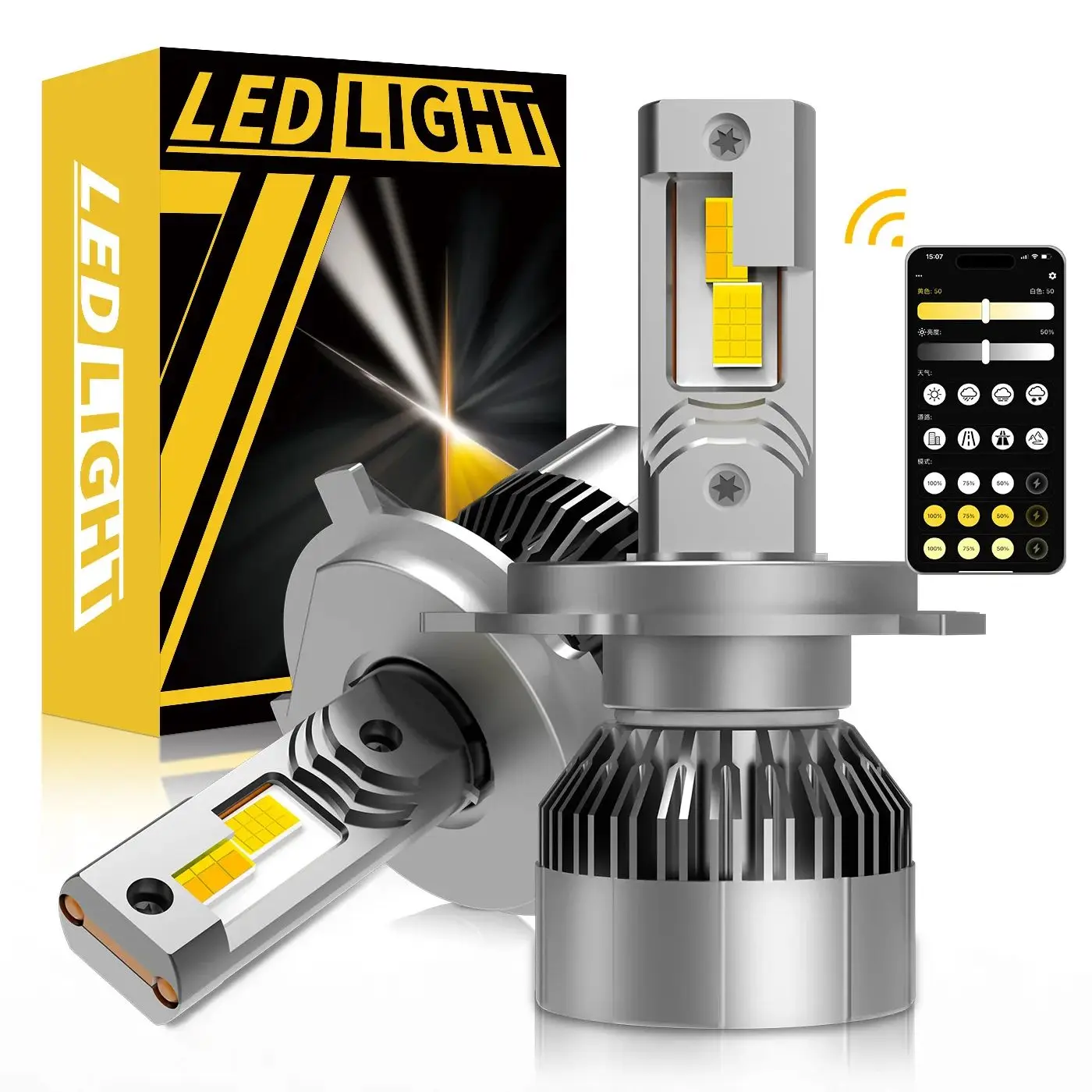2 Stück CANBUS APP-Steuerung H4 LED 9003 HB2 Hi/Lo Auto-Scheinwerferlampen Mini Turbo 3000K 4300K 6000K 3 Farben Nebelscheinwerfer MIT LÜFTER