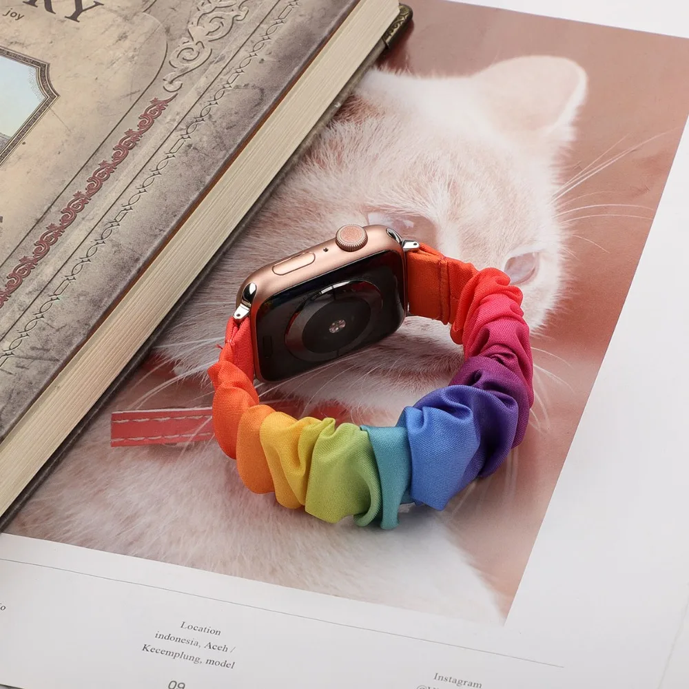 Scrunchie Strap for Apple Watch Band 49mm 46mm 44mm 42mm 41mm 40mm Nylon Printed Elastic Bracelet for iWatch 11 10 9 8 7 6 5 SE