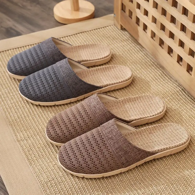 Neue orientalische Flachs-Hausschuhe für Damen, Sommer, für den Innenbereich, Sommer-Holzboden-Hausschuhe für Herren, Frühling und Herbst – Detail 3