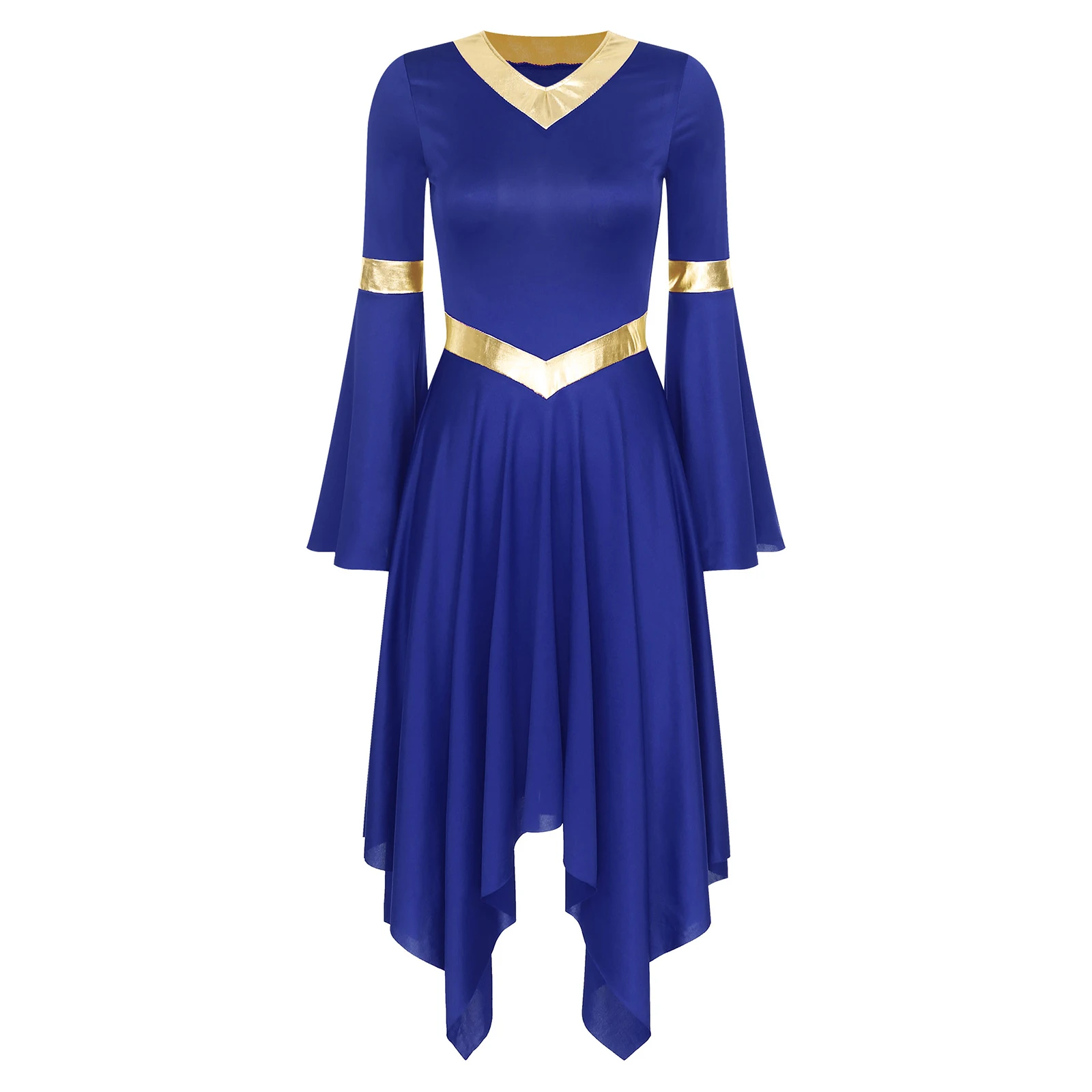 Donne adulto lirico lode abito da ballo culto chiesa spettacolo Costume metallizzato manica svasata orlo asimmetrico vestito balletto Dancewear