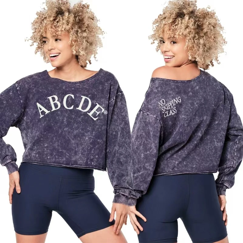 ABCDE Fitness Suit Sports Dancing Thin Cotton Loose Loose Short Long Sleeve Pullover Sweat Embroidered New R089