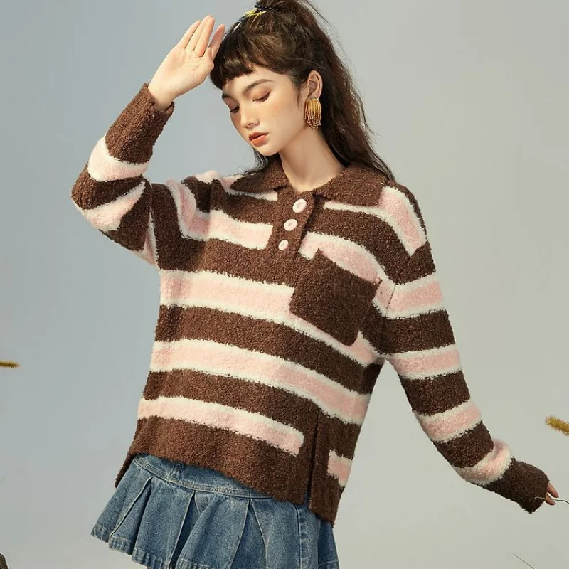 

Autumn Winter Striped Sweaters for Women Color Matching POLO Collar Loose Pullover Lapel Sweet and Fresh Long Sleeves Clothing