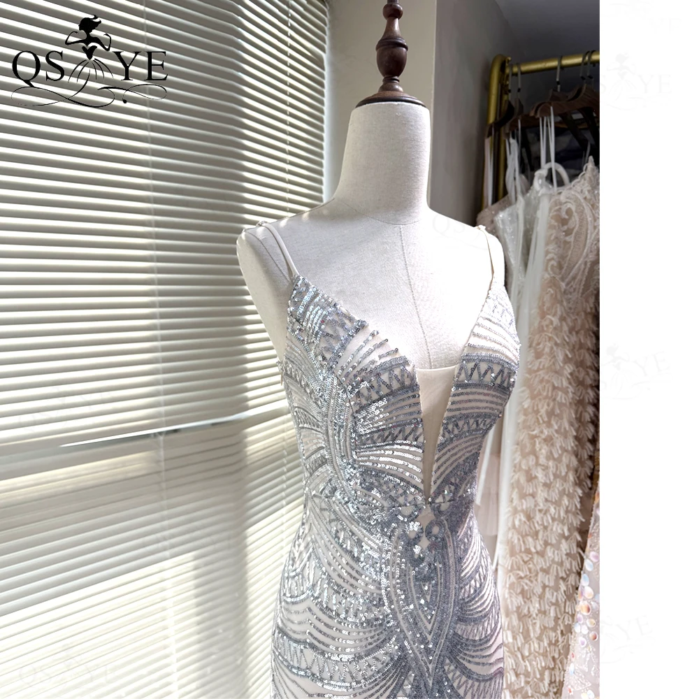 السباغيتي الأشرطة الخامس الرقبة الترتر الفضة حفلة موسيقية فساتين كامل حورية البحر نمط الدانتيل ثوب مسائي حزب عارية الذراعين صالح فستان فضي رسمي