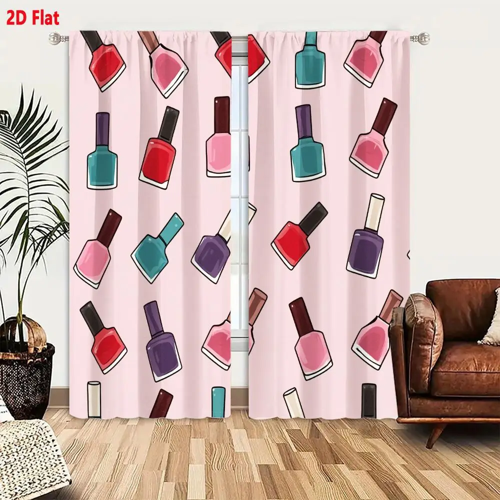 2Pcs Curtains 2D Flat Seamless Pattern With Repeated Cartoon Nail Polish Bottles On Light Pink Background Varied Colors Red Pink