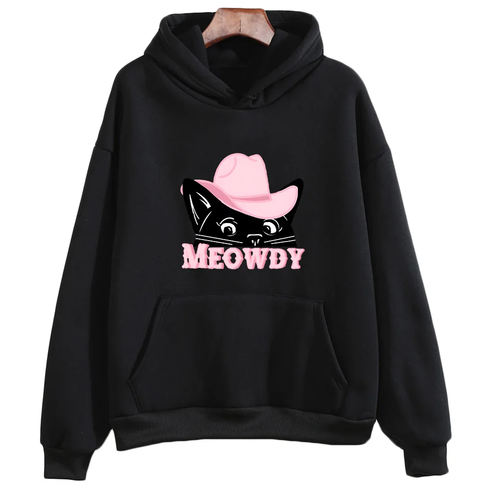 

Meowdy Cat Cartoon Hoodie with Hooded Kawaii Fleece Sweatshirt Long Sleeve Harajuku Cute Clothing Moletom Feminino Soft Hoody