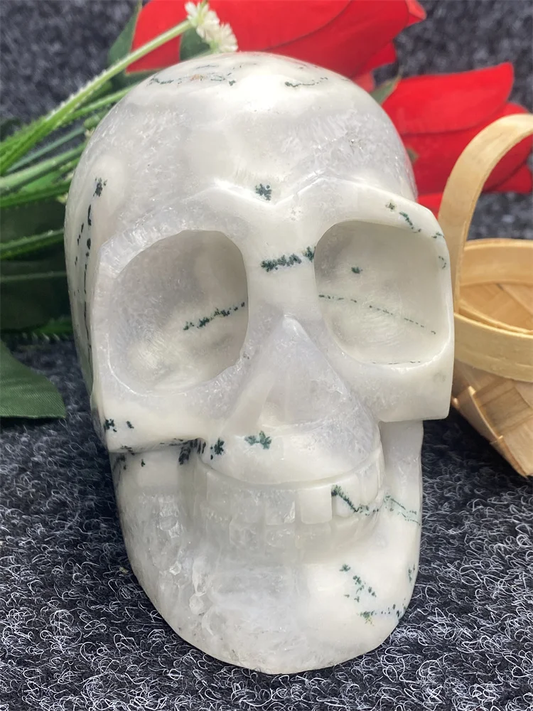 Natural Aquatic Agate Head Carving Skull Home Decor Room Decorate Decoration Maison Witchcraft Crafts Holiday Gifts Halloween