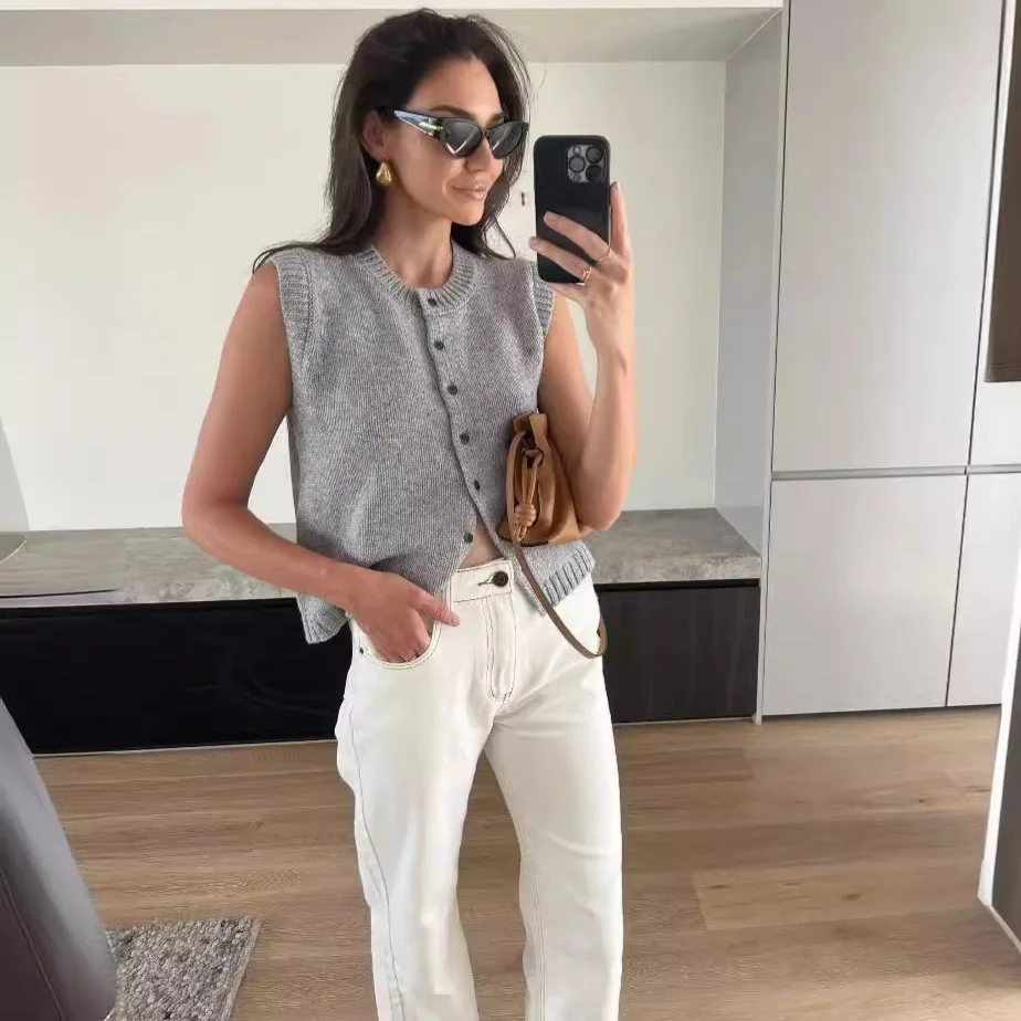 

Женский однобортный Трикотажный жилет, повседневный однотонный кардиган без рукавов, осень 2024