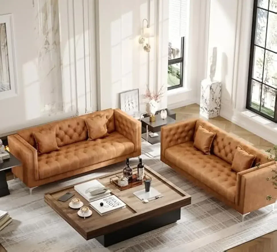 

2pcs Modern Sofa Set w/2 Pillows for Living Room, Button Tufted Couch w/ Extra Deep Seats, 3 Seat Sofa for Apartment, Brown