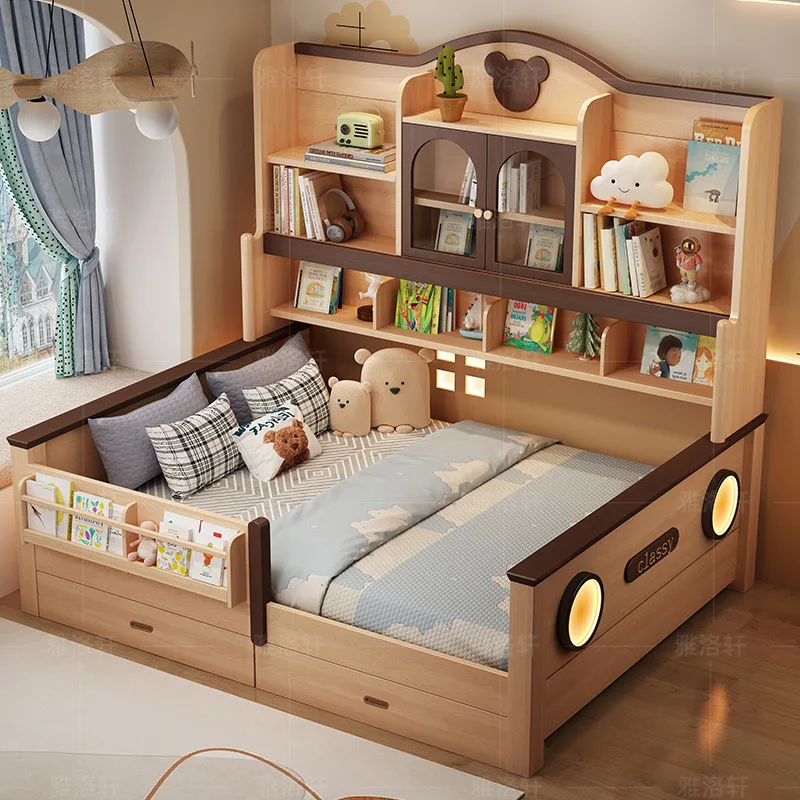 Cama para niños de madera maciza de color tronco, cama ahorradora de espacio para niños y niñas, debajo de la mesa, armario, combinación de almacenamiento integrada