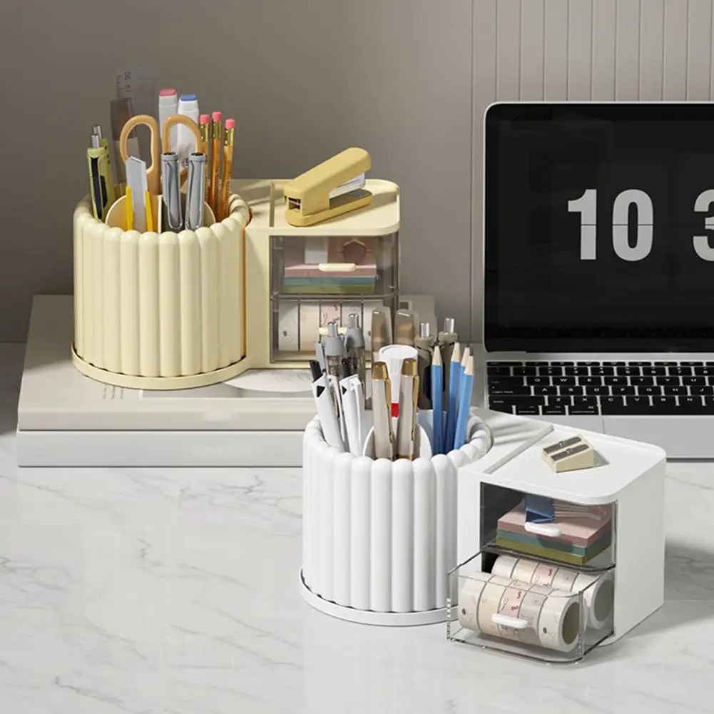 Storage Box with Groove Design Multi-grid Pen Holder Rotating Desktop Storage Box with Transparent Drawer for Home Office Supply