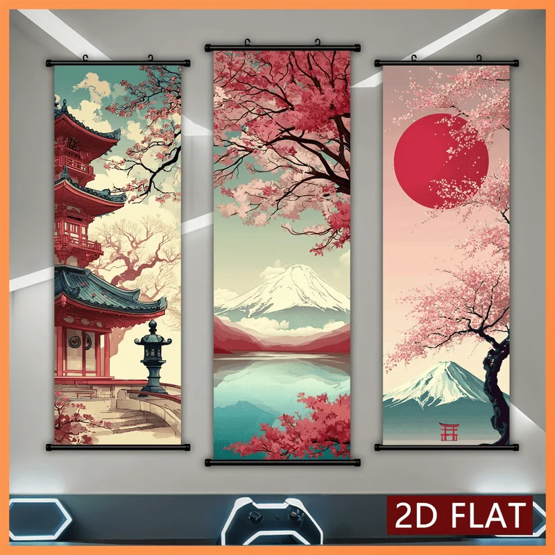 VIKAMA Japanese Ukiyo-e Cherry Blossom Mount Fuji 3 Piece Wall Scroll Tapestry Set Pagoda Wall Art Decor for Living Room Bedroom