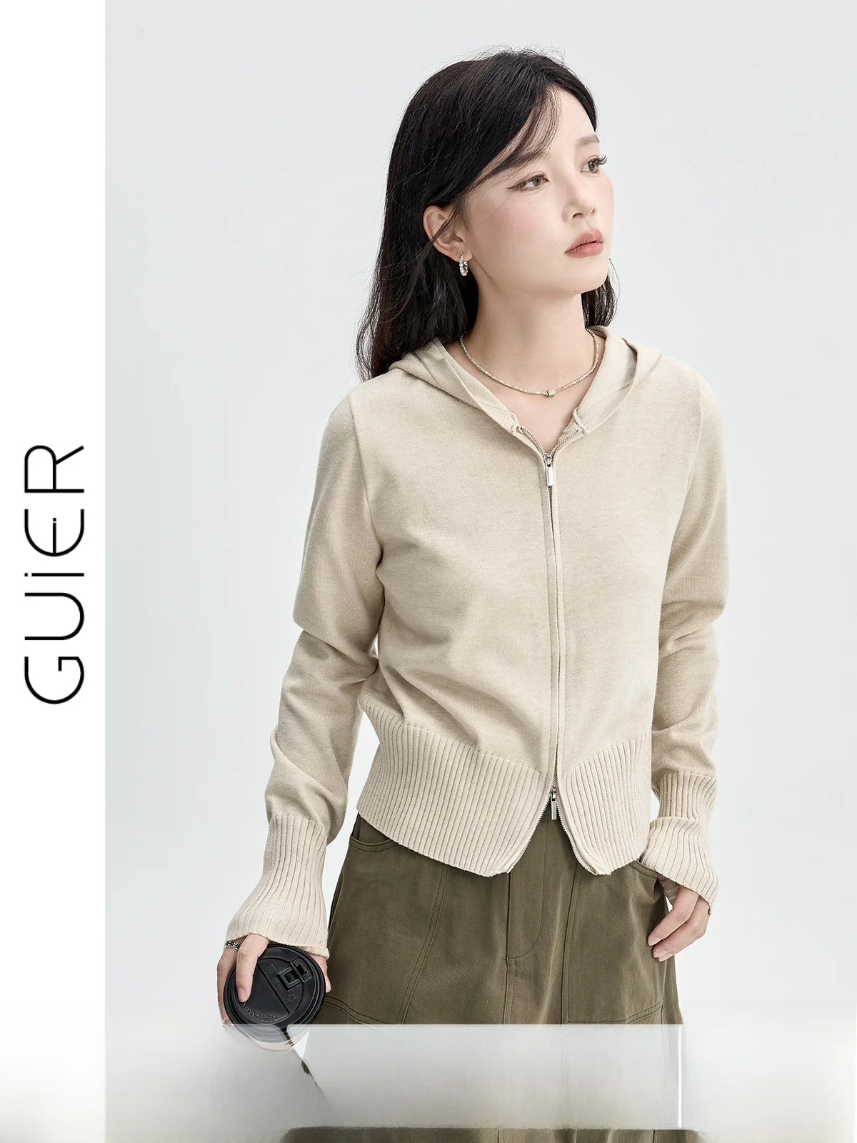 

Guier Knitted Hooded Cardigan Women's ort Double Zipper Casual Sle Faion Design Sense Autumn New Arrival Top
