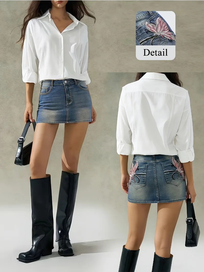 Women's Vintage Butterfly Embroidery Denim Skirt Y2K High Waist Bodycon Mini Jean Skirt Casual Streetwear Fashion