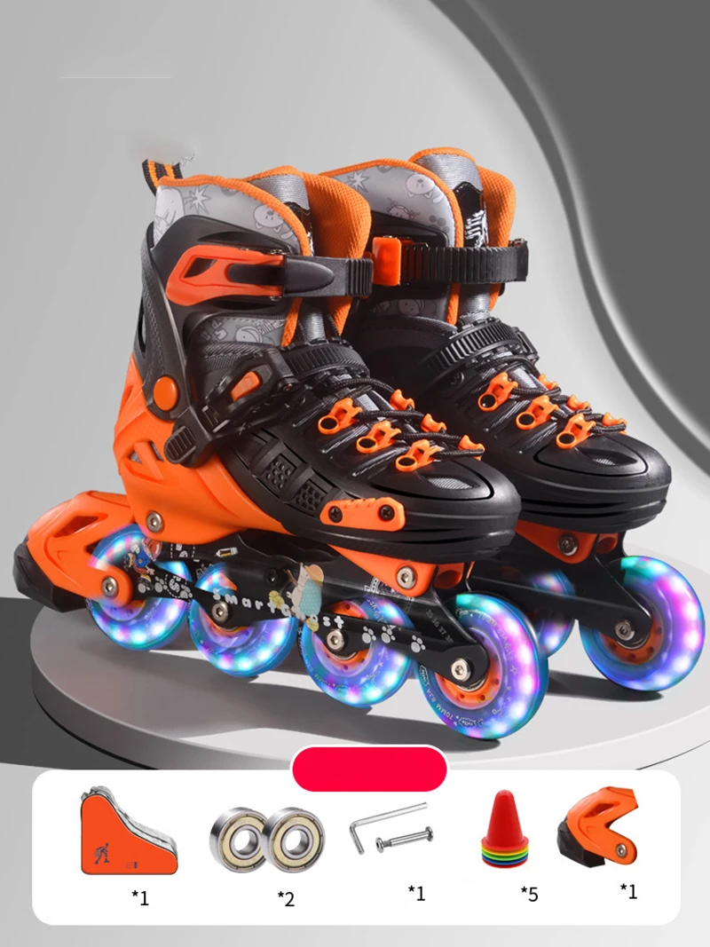 Children Roller Skates Skating Shoes Kids Single Row Roller Skates Boy's Girl's Size Adjustable 4 Wheels Flash Skates Shoes