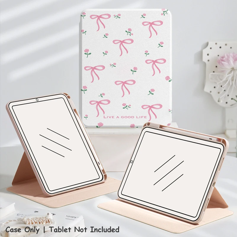 

360° Rotating Clear Acrylic Case for iPad 5/6th 7/8/9th 10/11th Gen Air3 Pro 11 Pink Frame Pencil Holder Auto Sleep Wake