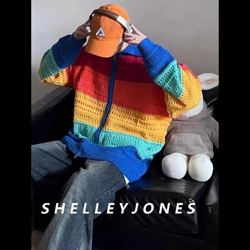 

Мужской свитер в стиле ретро с американским радужным дизайном, шикарный гонконгский вязаный верхний костюм с длинным светом и воротником