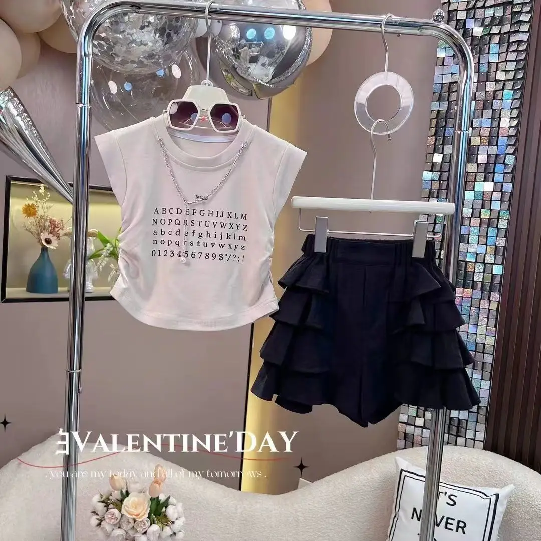 

Girls Summer Set Kids Cotton Sleeveless Vest And Skirt Two-Piece Set Children's Clothing without Necklace