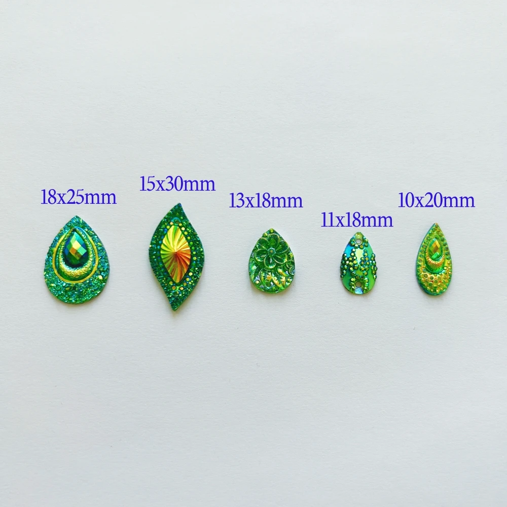 Mixed Sew on Resin Rhinestones Crystals Green Flatback Drop S shape For Sewing Accessories Diy Bags Shoes Prom Crafts Ornament