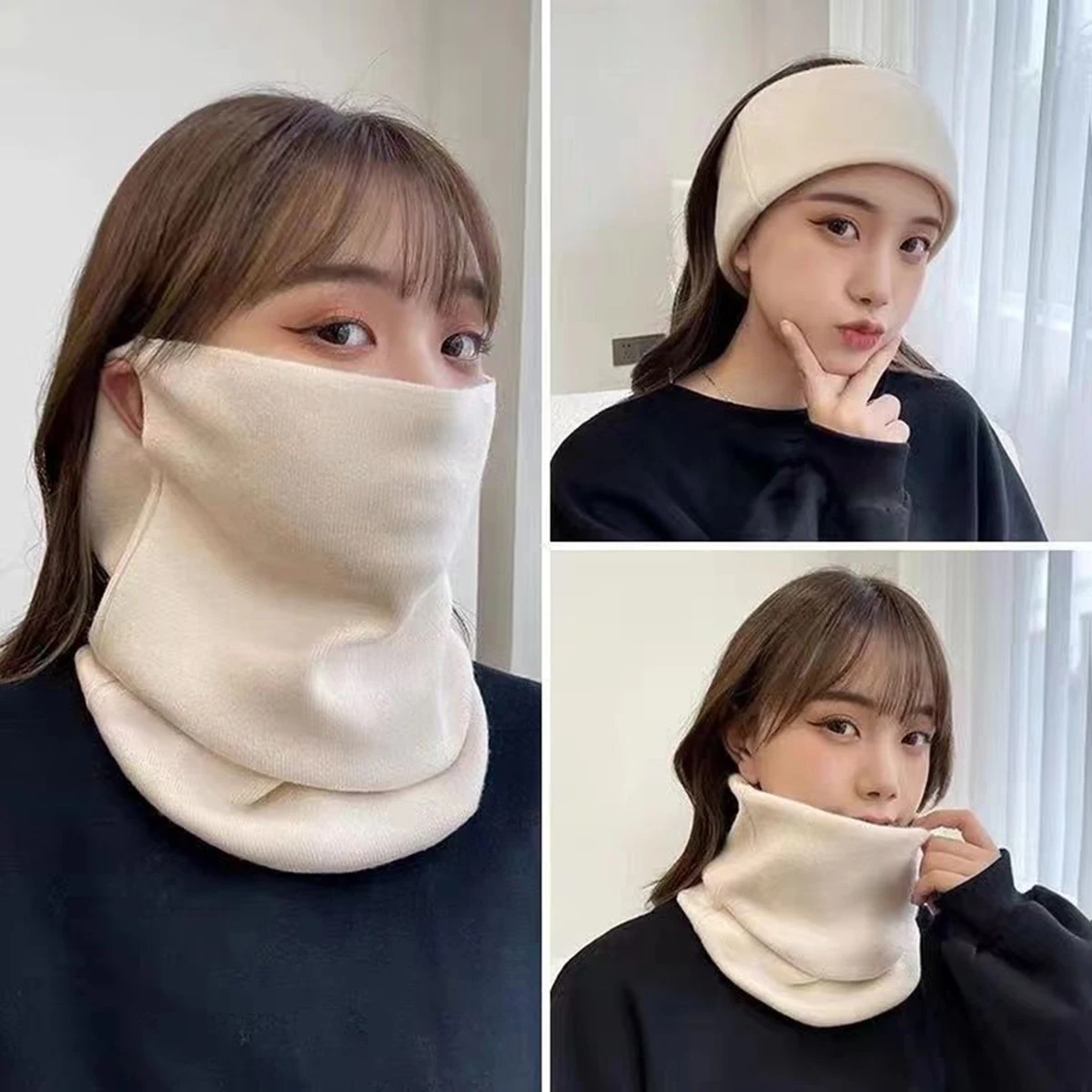 Winter Lady's Multifunctional Face Scarf Shield Solid Color Hanging Ear Mask Windproof and Warm for Women Outdoor Protect Neck