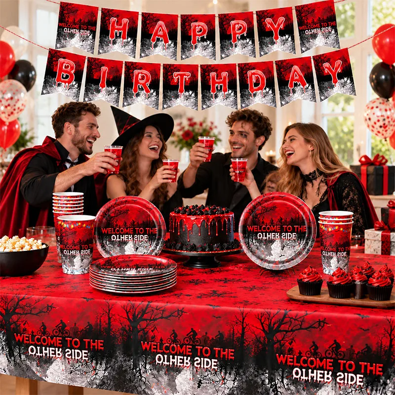 Horror Popular Movie Banner Plate Cups Strangersed Theme for Birthday Party Shower Festival Decorative Packing Supply Celebratio - view 4