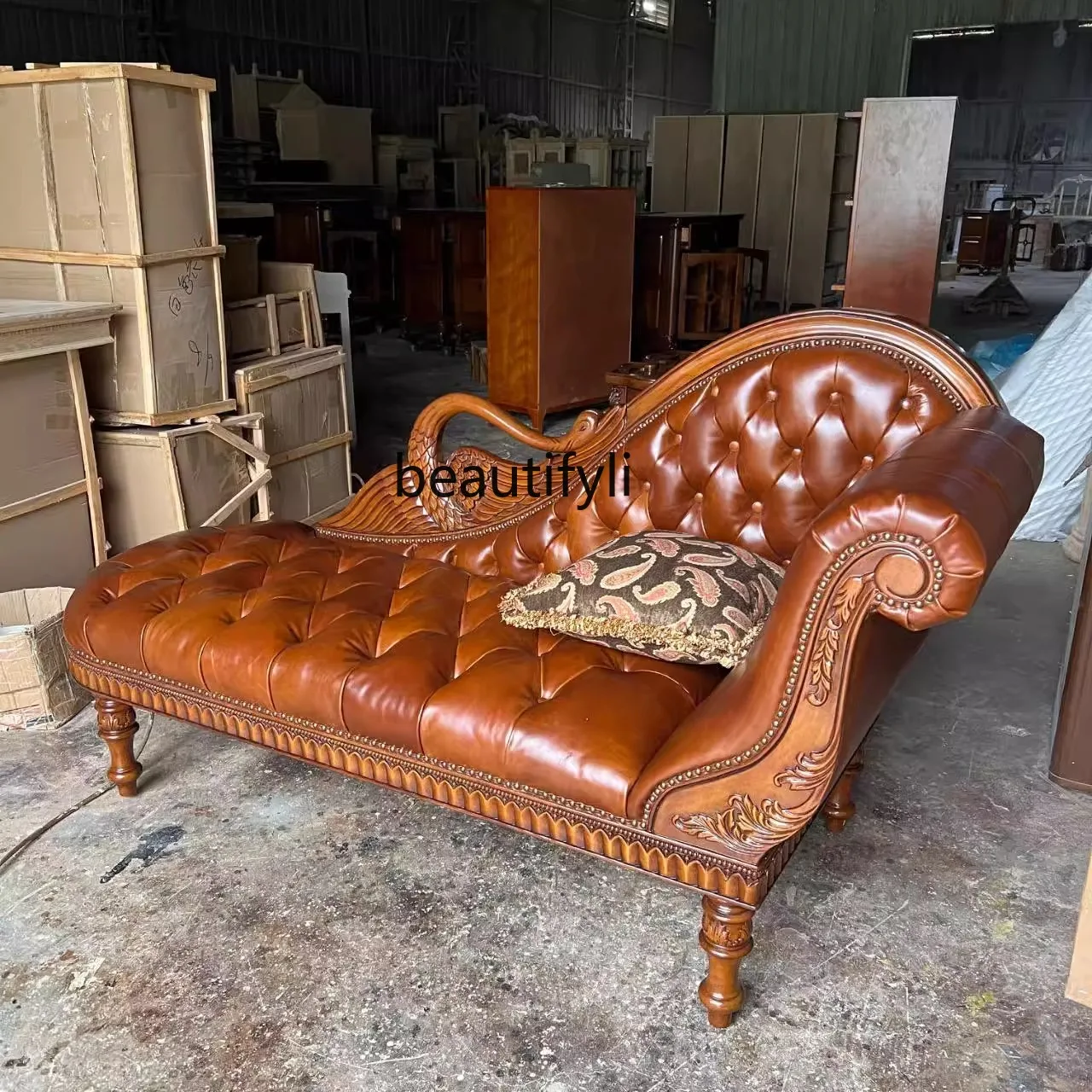 

American solid wood chaise longue leather balcony leisure sofa bedroom recliner European chaise longue