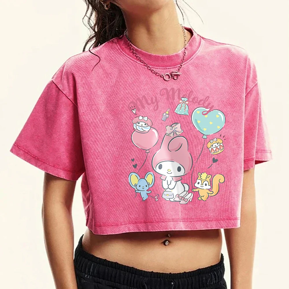 Sanrio Melody My Melody Woman T-Shirts Summer American Retro Cotton Tees Loose Short Comics Navel Exposed Crop Medium Strecth