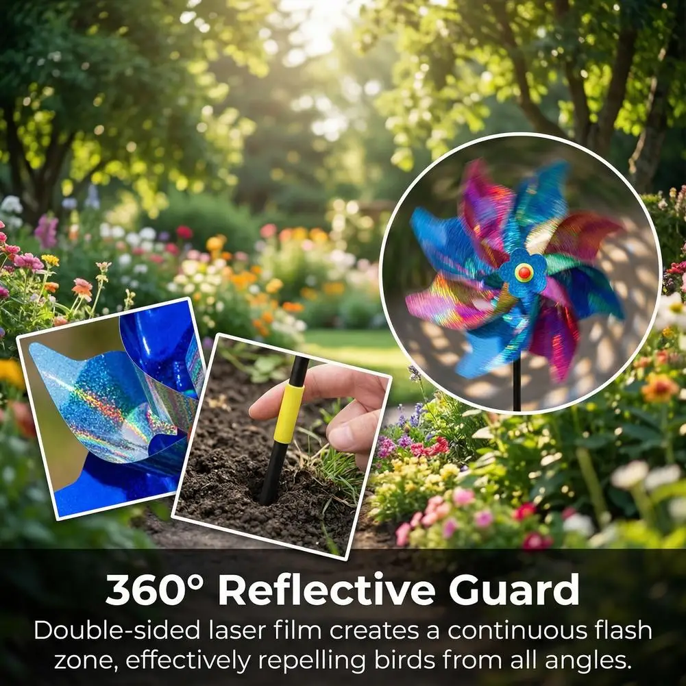 Bird Deterrent Pinwheels Reflective Wind Spinners for Garden Farm Patio Visual Bird Repellent Device Easy Installation Tool
