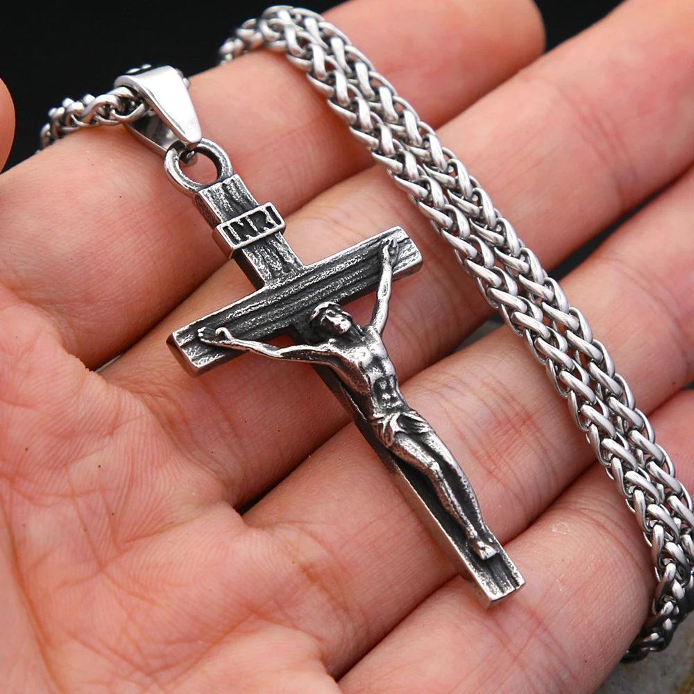 Small Size Vintage Jesus Cross Necklace Men And Women Stainless Steel Biker Amulet Pendant Fashion Jewelry Gifts Dropshipping