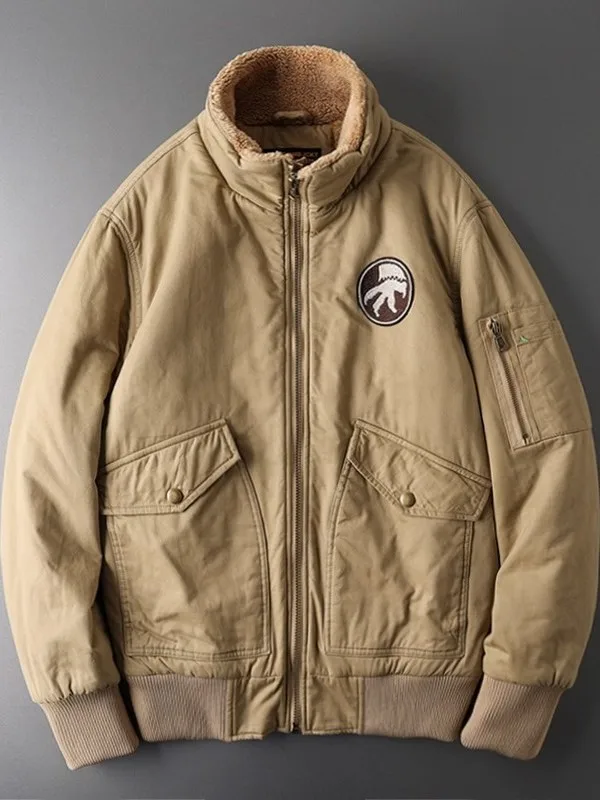 

American Retro Pilot Jaet Thiened Cotton Coat Men's Winter Outerwear Warm Long Sve Stand Collar Pure Color Casual Wear