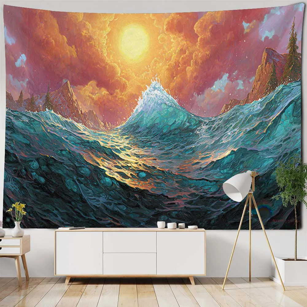 Retro Minimalist Landscape Oil Painting Tapestry Wave Sunrise Wall Hanging Cloth Living Room Fabric Art Decor