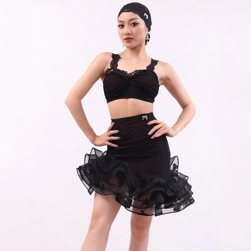 Fashion Women'S Latin Dance Performance Costumes Black Latin Top Fishtail Skirt Adults Tango Chacha Samba Dancewear SL10508