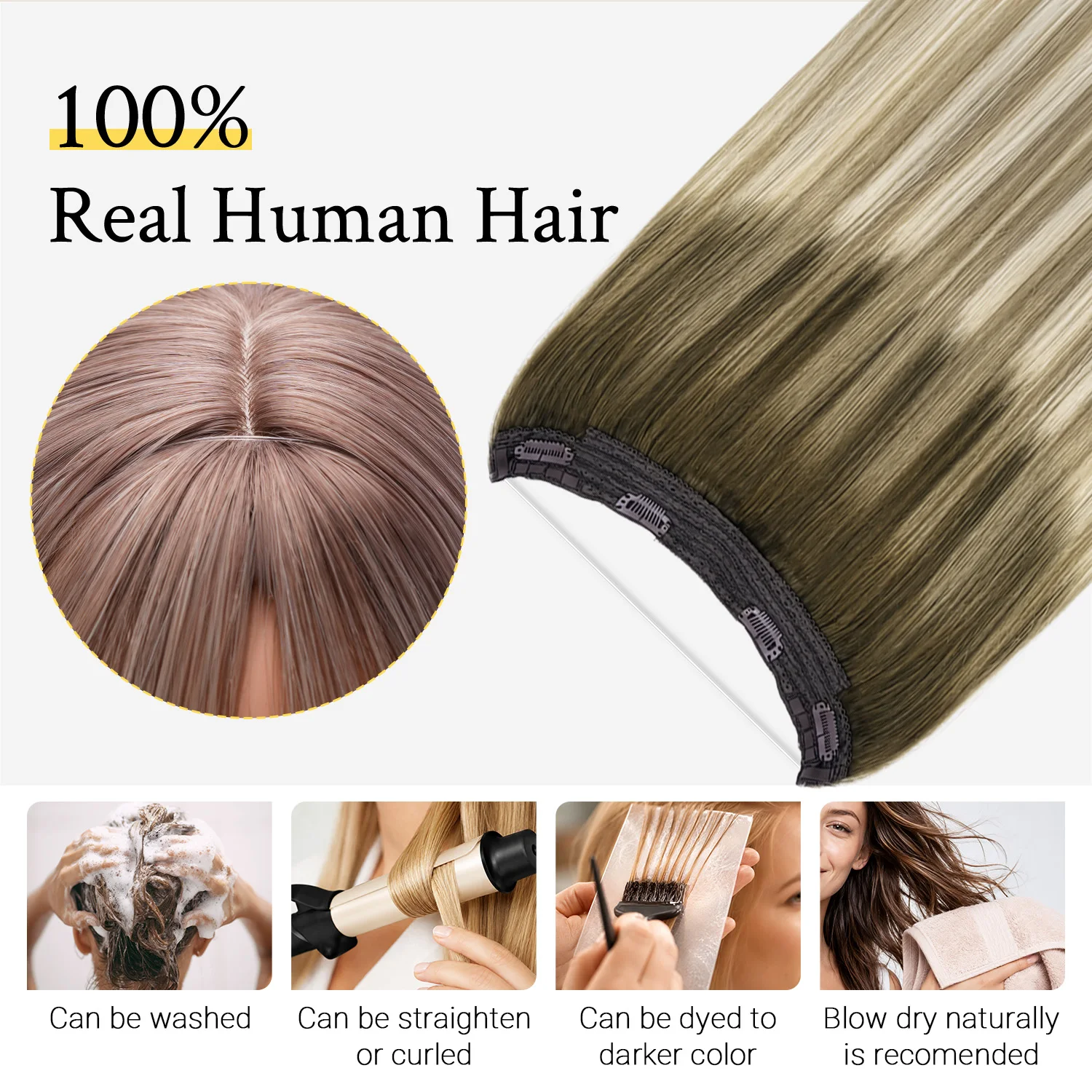 Sunmofavo Fish Line Hair Extension Ombre Wire Human Hair Extension Natural Remy Balayage Straight Hairpiece Blonde For Women - view 2