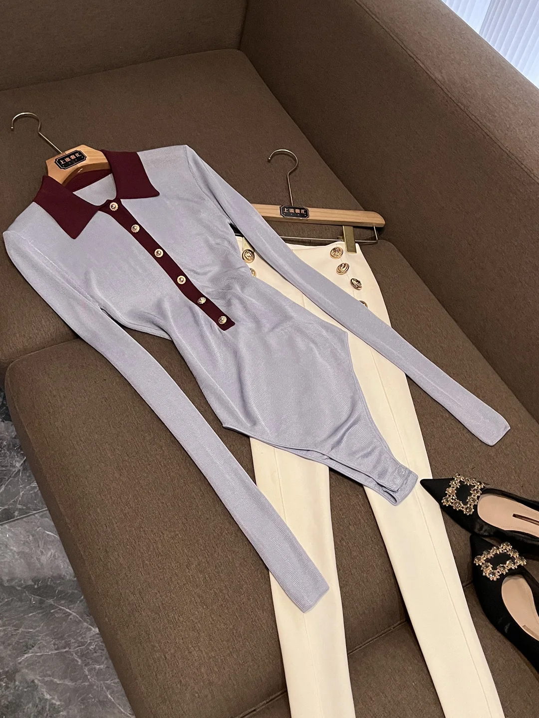 

Slim Fit Knitted Winter New Arrival Faionable Long Sve Collared Color Blo Effect Bodysuit for Women