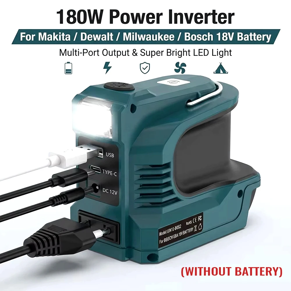 Outdoor Power Bank AC 220V 200W Battery Inverter Adapter For Makita/Bosch/Dewalt/Milwaukee 18V Li-ion Batteries