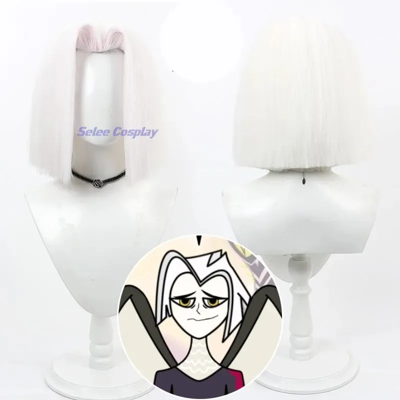 Hazbin Lute peluca Ángel Cosplay pelo blanco Hotel Anime Cosplay Halloween Carnaval fiesta de lujo Color plata Anime Cosplay Prop